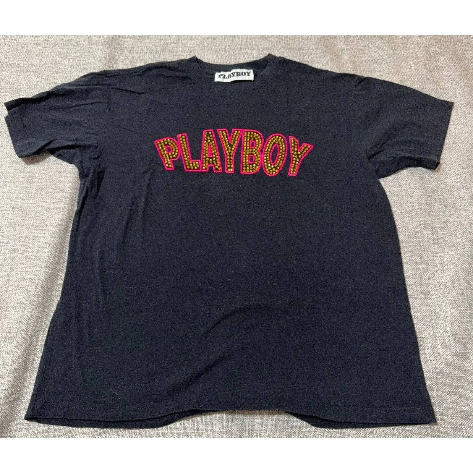 Playboy PacSun Rhinestone Studded Logo Black T-Shirt Adult 21x27 Y2K Bling