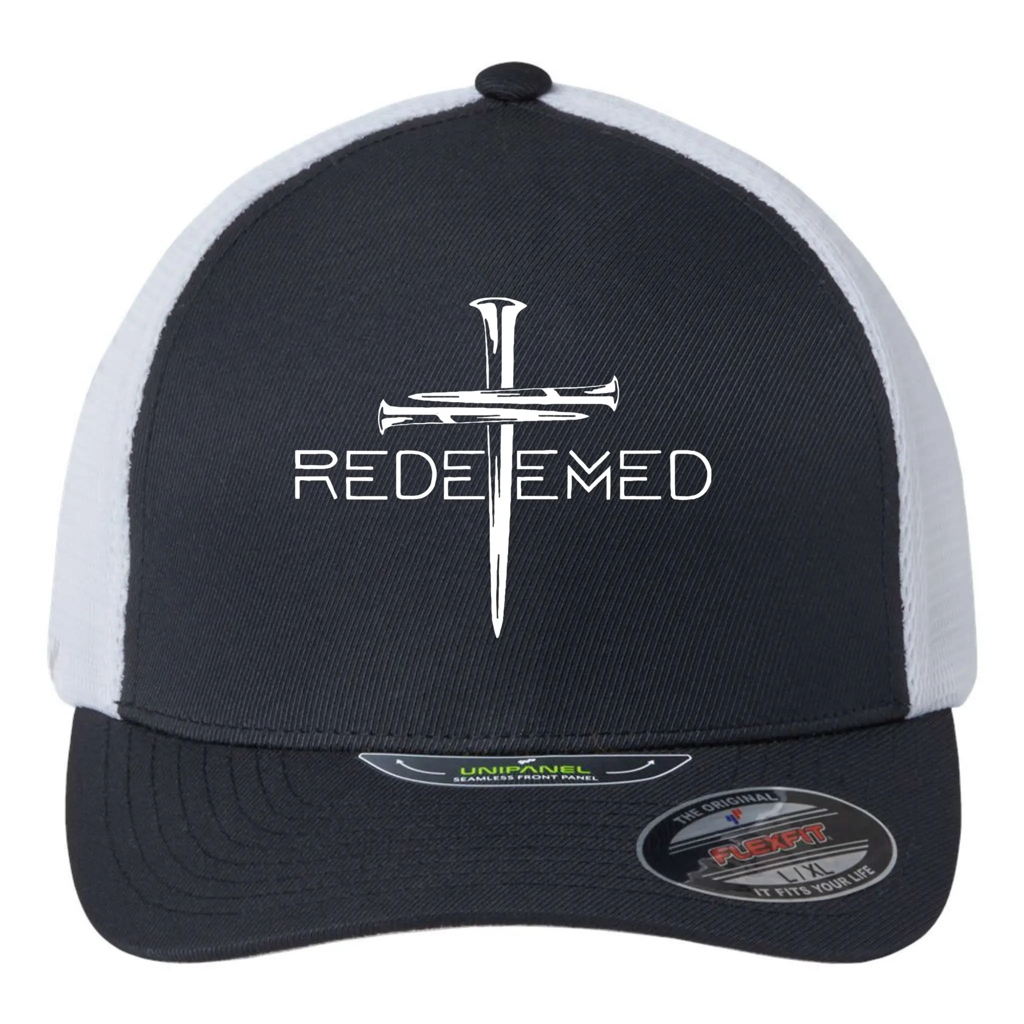 Redeemed Jesus Christ Died For My Sins 3 Nails Cross Christian Catholic Flexfit Unipanel Trucker Cap