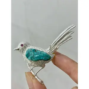 Sterling Silver Natural Turquoise Mozambique Ruby Magpie Brooch, Pendant（one of a kind piece in the world）