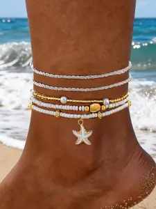Boho Anklet Set for Women, Geometric Design Layered Shell Beads, Copper Material, Ideal for Daily Wear & Beach Vacations