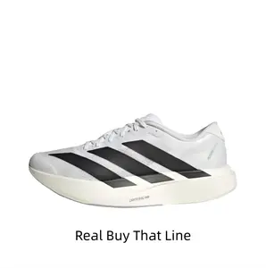 This minimalist off-white mesh racing sneaker with bold matte black wide stripes is my go-to training shoe. Ultra-light breathable woven upper matches thick curved rebound sole, perfect for track workouts, marathon training and daily city jogging.