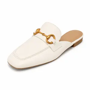 Women's Classic Square Toe Loafers - Soft Leather Shoe with Gold Horsebit Buckle, Padded Cushioned Insole, Comfortable Walking Shoes