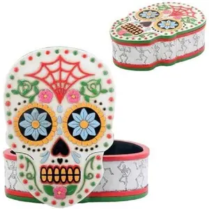 Day of the Dead DOD White Sugar Skull Jewelry Trinket Box Figurine 5.5" Long
