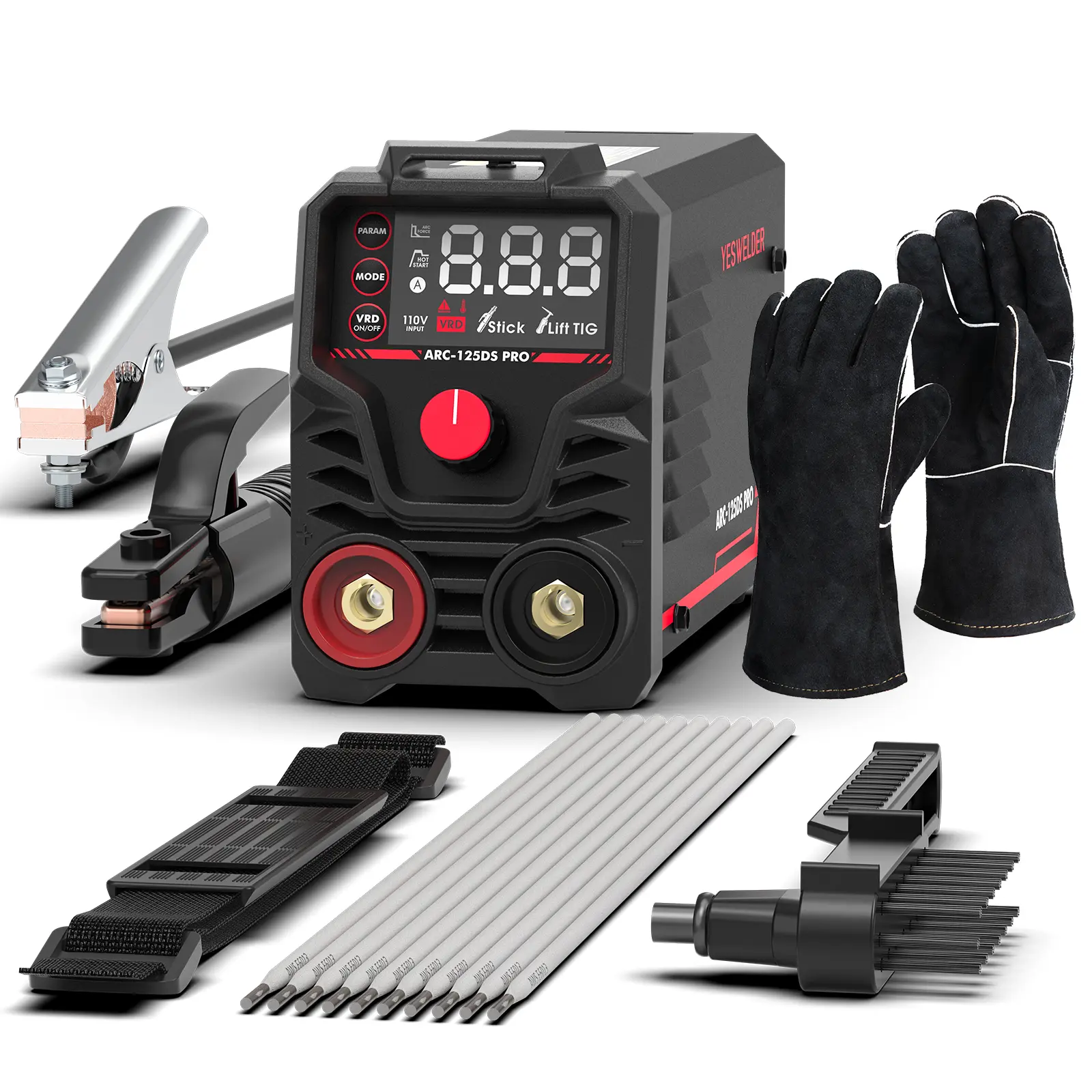 YESWELDER ARC-125DS-PRO KIT 20-125A 110V Mini Portable Handheld Stick Welder - DC IGBT Inverter MMA Digital Machine with Hot Start, Arc Force, Anti-Stick, 6.5ft Electrode Holder Cable, Ideal for Metal/Lead Work, Father's Day Gift