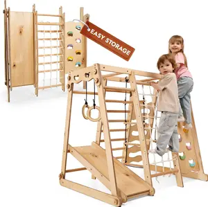 9-in-1 Kids Climbing Frame Outdoor & Indoor, Montessori Wooden Playground with Slide, Swing, Climbing Wall, Rope Ladder, Monkey Bar for Toddlers
