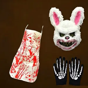 3pcs Horror Costume Set - Blood-Splattered Bunny & Killer Rabbit Mask with Bloody Apron & Gloves - Perfect for Halloween, Christmas, Easter, Horror Parties - Easy-to-Wear & Tear-Resistant, Unisex Adult Costume, Ideal for Themed Events & Costume Party