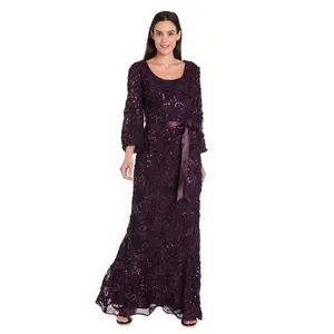 3D Floral V-Neck Evening Gown with Balloon Sleeves and Satin Waist Bow - Petite