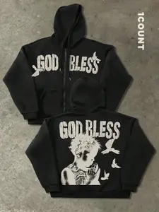 Men's Hooded Sweatshirt Knit Long Sleeve Fitted with Graphic Letter Print, God Bless Prayer Hands Design, Street Style, Fall & Winter Fashion, Casual Wear Outdoor