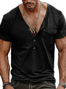 Men's Regular Fit V Neck Tee, Casual Short Sleeve Plain T-shirt for Daily Wear, Men's Top for Summer, Tropical