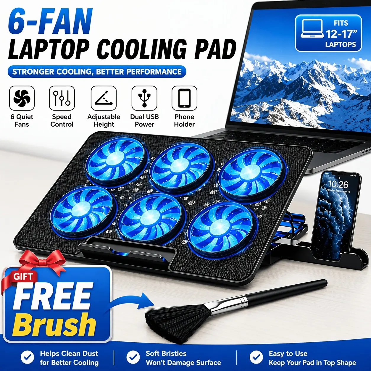 6-Fan Laptop Cooling Pad with Cleaning Brush, Height Adjustable, Dual USB Power Supply, Speed Control, Ultra-Quiet Cooling Stand with Phone Holder, Suitable for 12-17 Inch Laptops