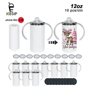 ICESIP 12OZ 10Pack Sublimation Sippy Cup with Two Lids Stainless Steel Double Wall Kids Water Bottle with Handle for Easy Grip