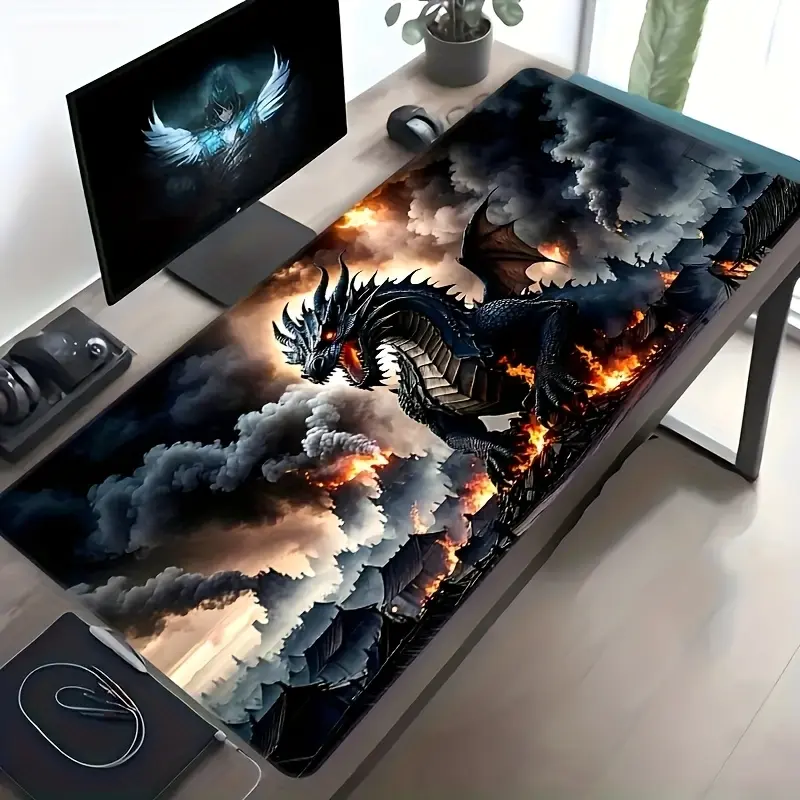 60x35cm Oversized Rectangle Dragon Theme Gaming Mouse Pad - Fabric, Full Print, Advanced Transfer Printing, Durable Stitched Borders, Anti-Slip Rubber Base, Precise Motion, Polyester/Rubber, Desk Accessory for Gaming & Office, Gamer Gift