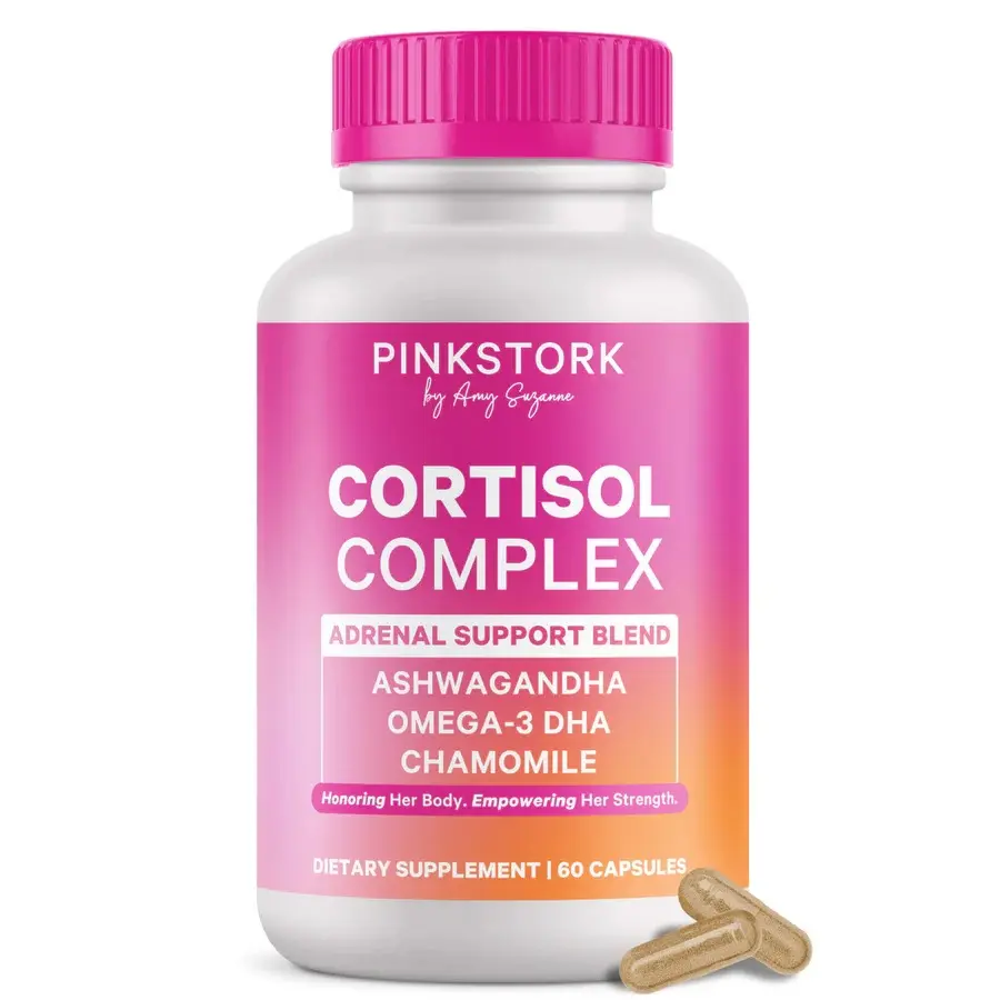 Pink Stork Cortisol Supplement for Women | Adrenal + Stress Support with Organic Ashwagandha, Omega 3 DHA, Chamomile, Saffron, Vitamin D, 1-Month Supply, Adaptogens + Vitamin Blend, Selfcare for Women ( 60 capsules )