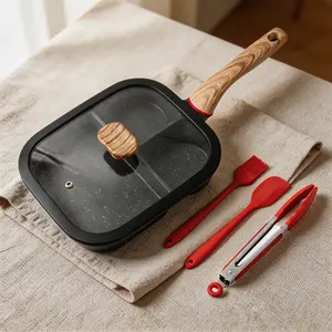 PRTYY Multi-Section Breakfast Griddle with Glass Lid Non-Stick Alloy Pan Body Anti-Scald Wooden Handle for Eggs Pancakes Burgers Frying Fish & More