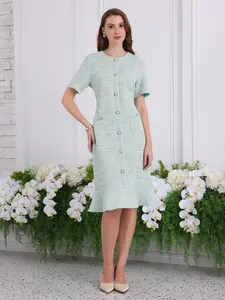 INSPIRE CHIC Women's Tweed Dress Short Sleeve Elegant Wedding Cocktail Bodycon Midi Fishtail Dresses Cyan