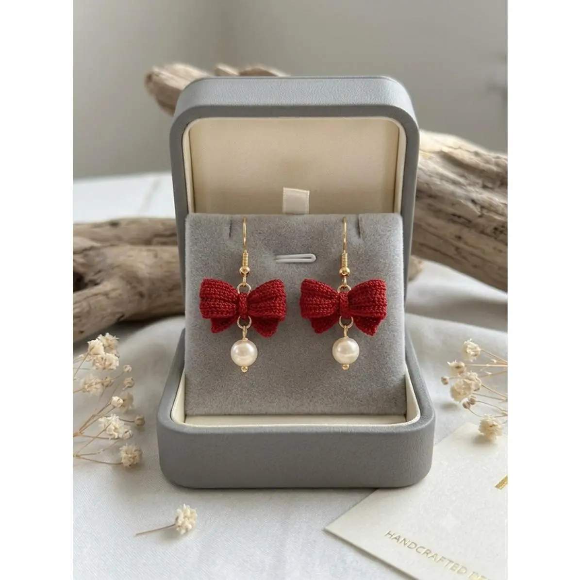 Red Bow Micro Crochet Earrings with Pearl Dangles Handcrafted Jewelry