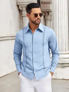 Men's hollow lace-up long sleeve shirt, mature casual style, turn-down collar with button design, with double-sided hollow lace-up detail, suitable for daily outings, casual vacations and spring/autumn wear.
