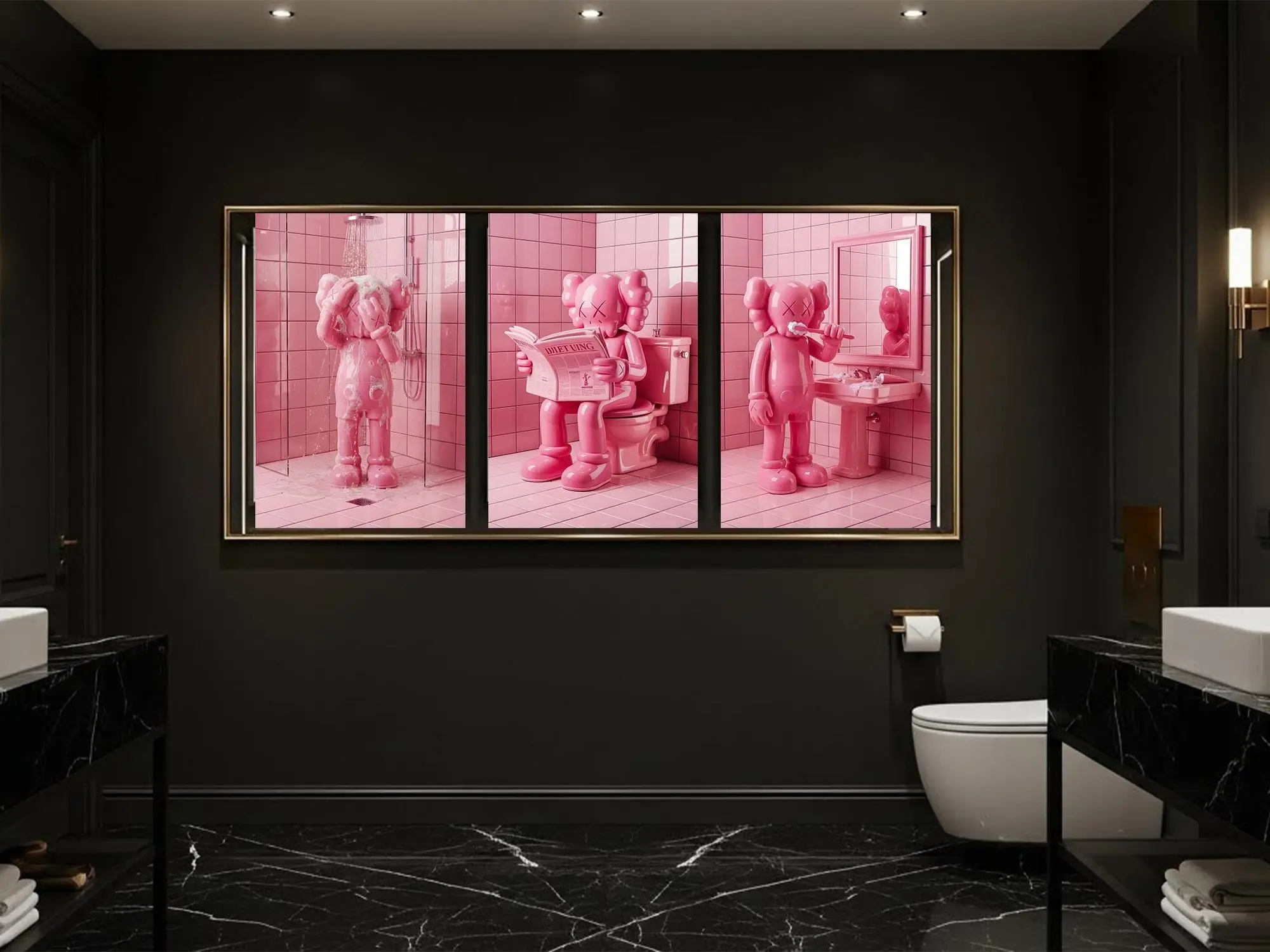 Pink KAWS Bathroom Wall Art Set of 3, Hypebeast Washroom Decor, Graffiti Shower Art Prints, Modern Luxury Bath Poster, Minimalist Street Art