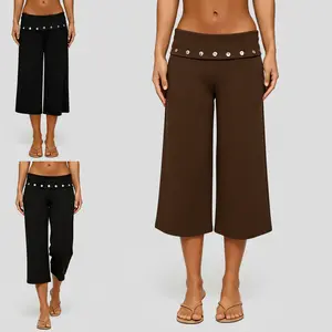 Womens Wide Leg Capris Solid Color Button Decor Fold Over Waist Loose Fit Cropped Trousers Fall Culottes