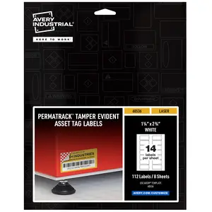 Avery White Asset Tag Labels, 1-1/4" x 2-3/4", Tamper-Evident Laser Printable Tags, 112 Waterproof Labels (60536)