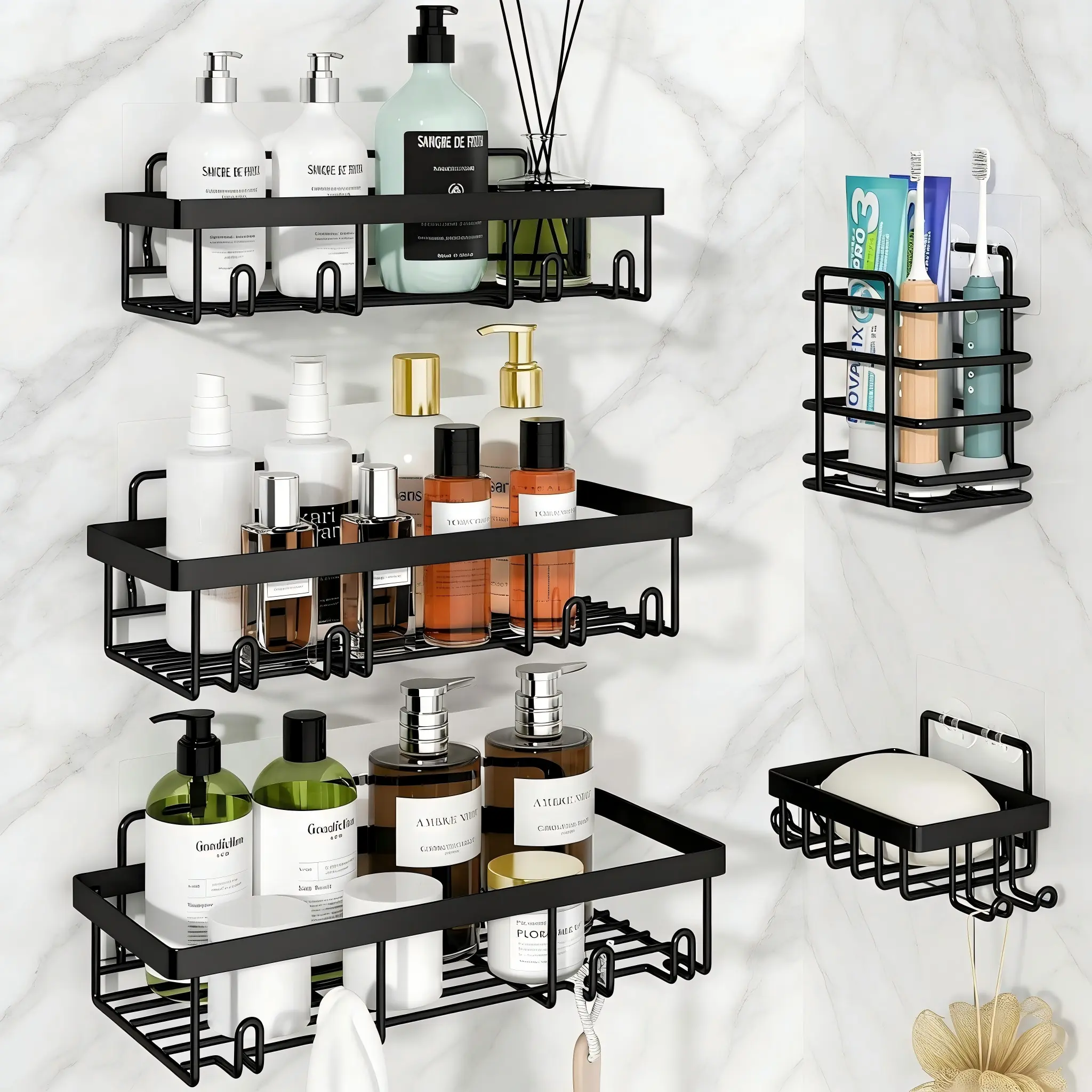 [SummarWins][DealsForYouDays]2026 New Upgrade 5-Pack Rustproof Shower Caddy - Heavy-Duty No-Drill Wall-Mount Bathroom Accessory, Double-Hook Space-Saving Classic Style Shower Organizer for Renters with Easy Installation, Bathroom Gadgets