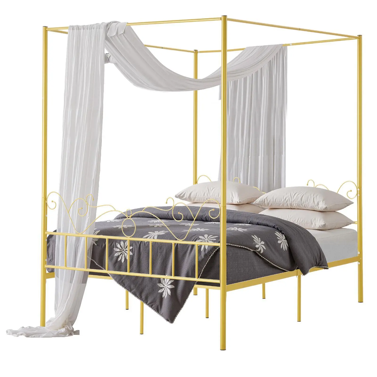 【SummerFinds】VEVOR Queen Size Canopy Bed Frame, Metal Canopy Bed with Minimalist Headboard & Four Posters Design, Heavy Duty Steel Slats Support, Underbed Storage Space, No Box Spring Needed, Easy Assembly, Gold