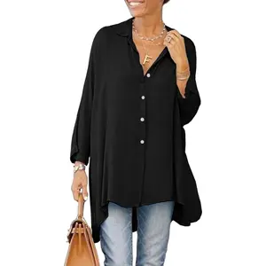 Imily Bela Womens Oversized T Shirts Button Down Long Sleeve Shirt V Neck Collar Loose Flowy Blouse Casual Tops