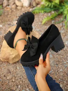 Women's Black Suede Platform Loafers with Bow Detail, Fashion-Forward Casual Footwear, Versatile Edgy Commuting Shoes, Female All-match Trendy Loafers for Daily Outings, Office & Street Style Looks