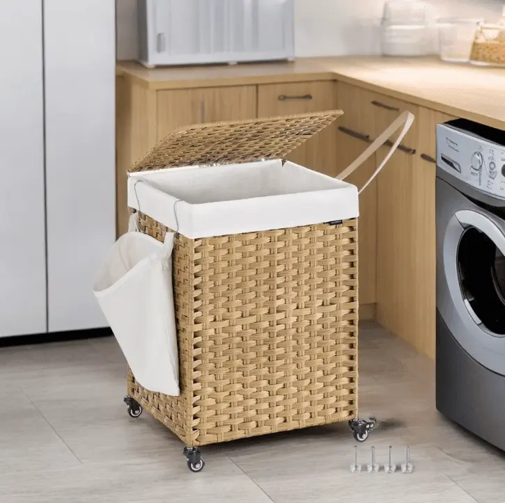 LEDREM 31.7-Gal Rolling Rattan Laundry Hamper - Foldable, with Wheels, Removable Liner, Natural Color for Bedroom, Home Use