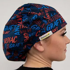 KimKaps Open Hearted Scrub Cap - Cardio Themed Bouffant Style with Brick Red Ribbon for Ponytail - 100% Cotton Made in USA