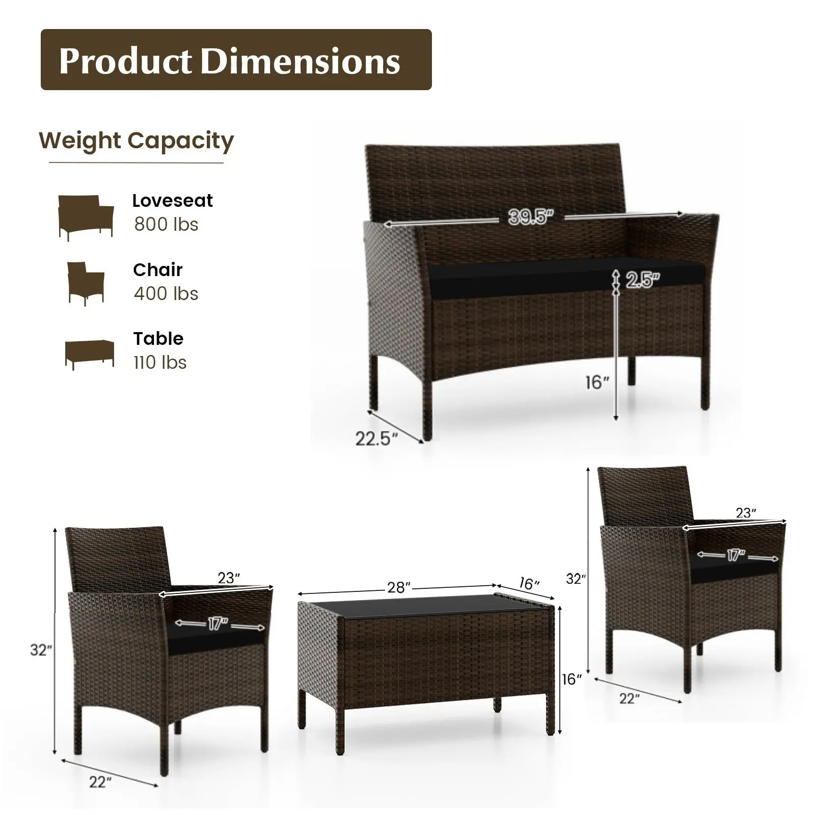 Black - 4 Piece Set - Rectangle Coffee Table 