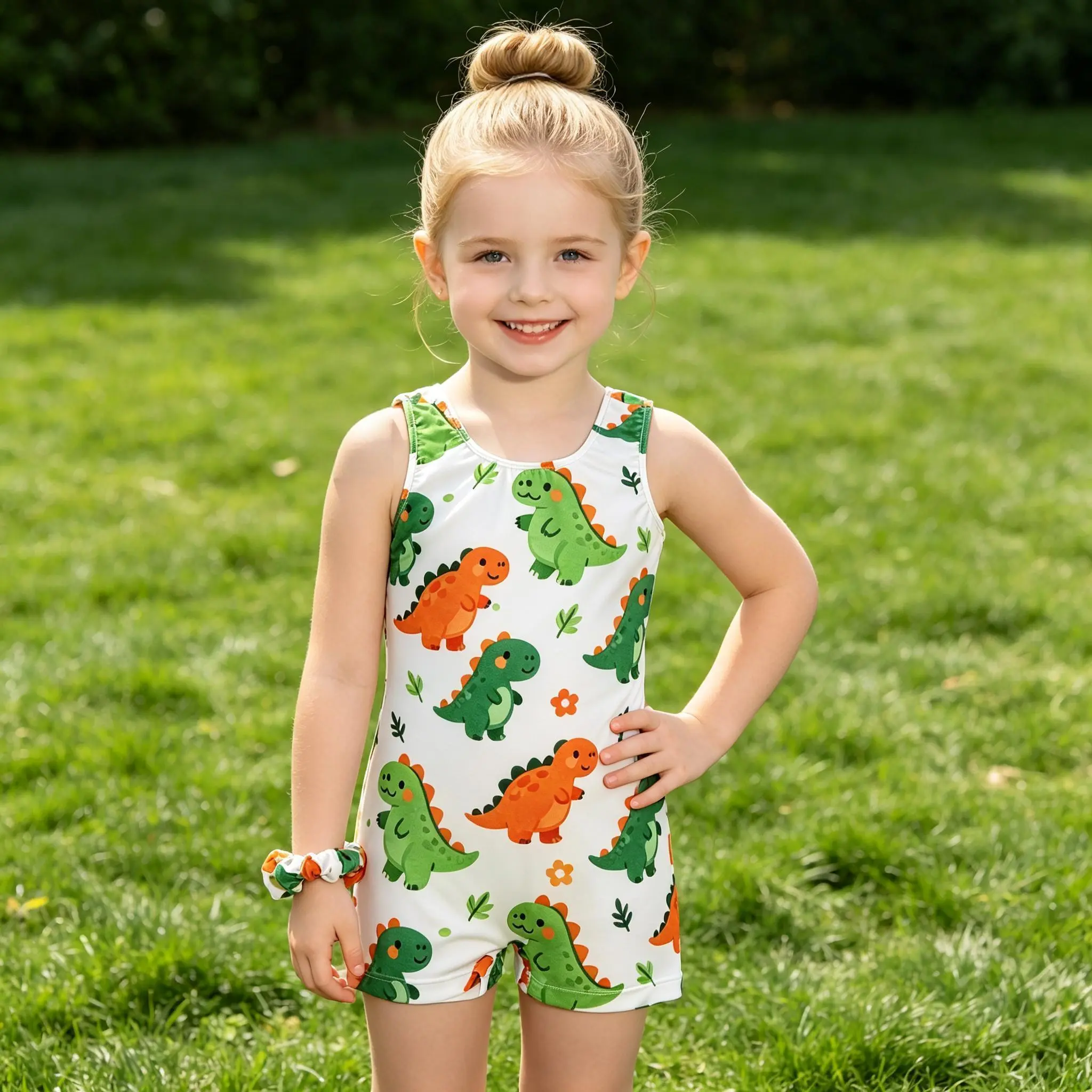 Toddler Kids Sleeveless Gymnastics Unitard, Cute Green Orange Dinosaur Print, Quick Dry Outfit for Swimming, Gymnastics Training & Cycling