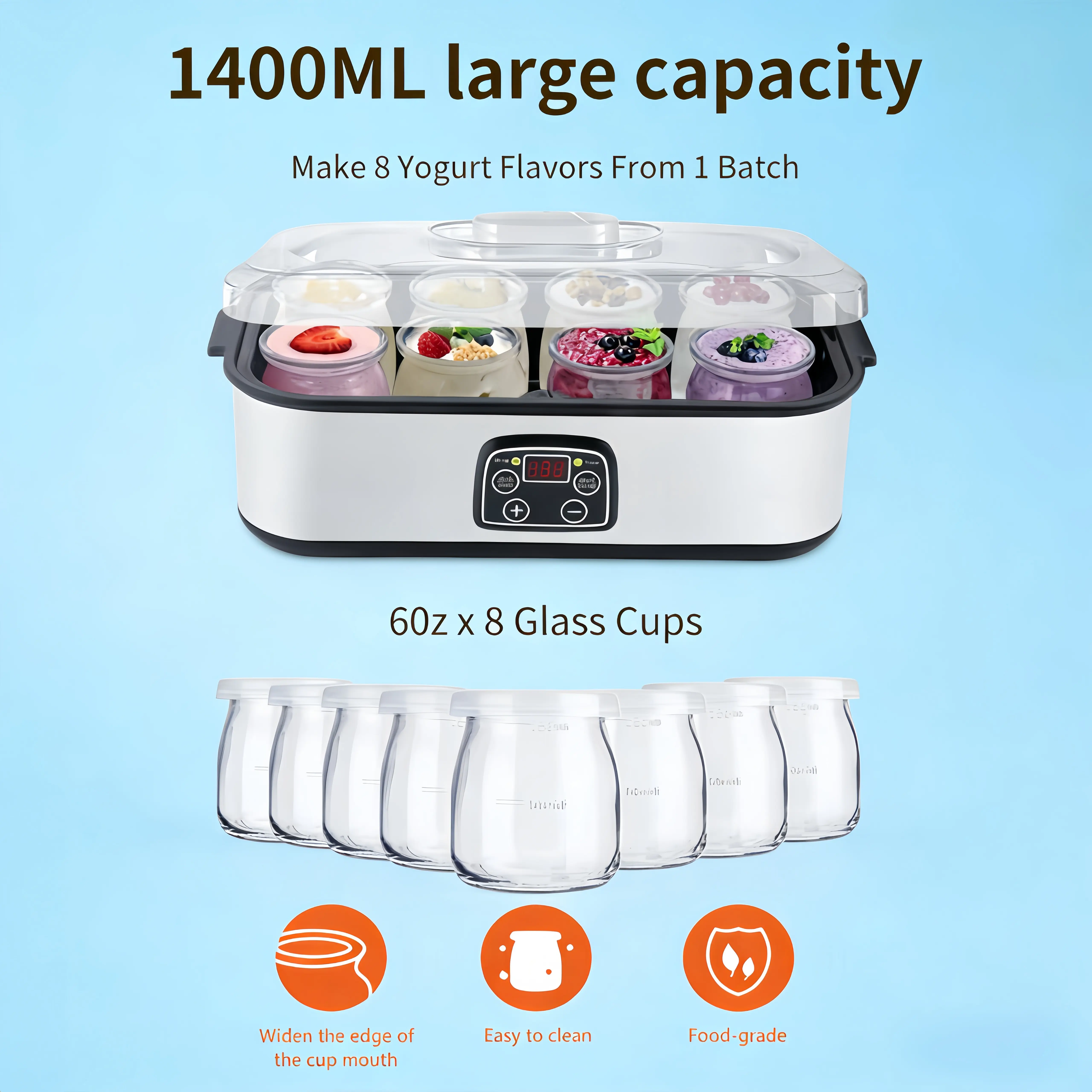 Custom Ferment Yogurt Maker 8 Glass Jars Electric Temp Control 1400ML Large Capacity 60z x 8 Glass Cups for Precise Fermentation Precision Temperatures