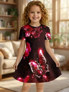 Summer Children's Red Glitter Butterfly Print Princess Dress, Big Kids Casual Versatile Short Sleeve Dress