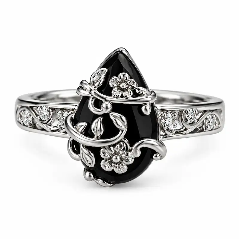 FOCMUTY Women's 925 Sterling Silver Vintage Flower Ring, Sizes 6-10, Lab-Grown Obsidian & Black Diamond Energy Crystal, Halloween/Birthday Gift with Gift Box (Daily Wear)