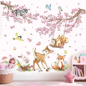 Woodland Animals Pink Flower Wall Stickers Cherry Blossom Branch Deer Fox Wall Decals Baby Nursery Kids Bedroom Living Room Home Decor