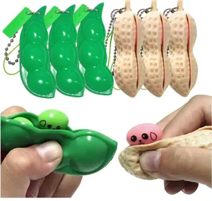6PCS Squeeze Bean Keychain Fidget Toys Pack for Both Children and Adult (3pcs Pea & 3pcs Peanut)