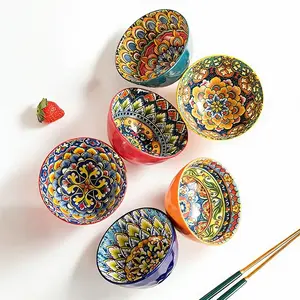 6-piece Bohemian ceramic bowl set, colorful Mediterranean-style tableware featuring mandala and paisley patterns, perfect for family gatherings. Includes round soup bowls, dessert bowls, noodle bowls, and salad bowls.