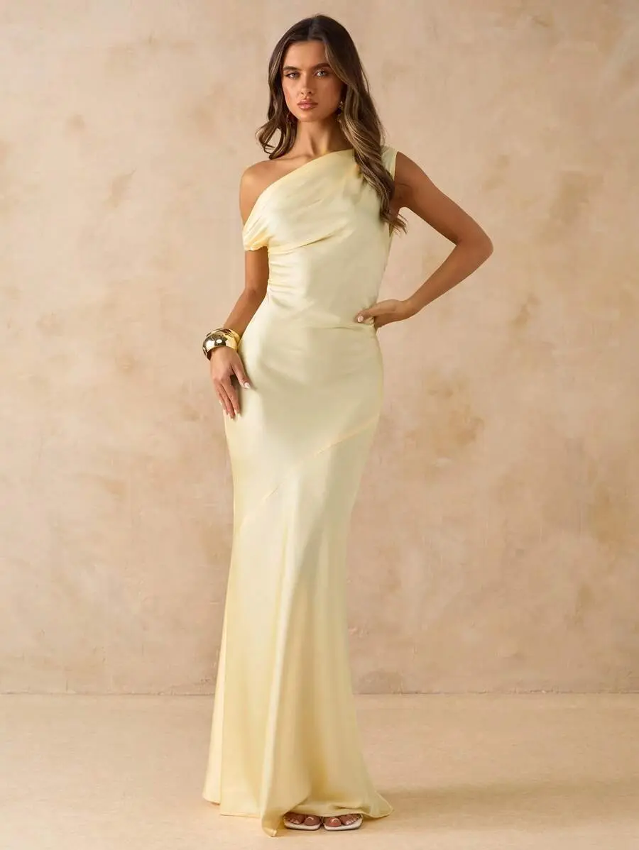 JADEE Sexy Minimalist Solid Color Yellow Satin Asymmetric One Shoulder Hollow Backless Tie Up Maxi Dress Party Cocktail Bridesmaid Dress