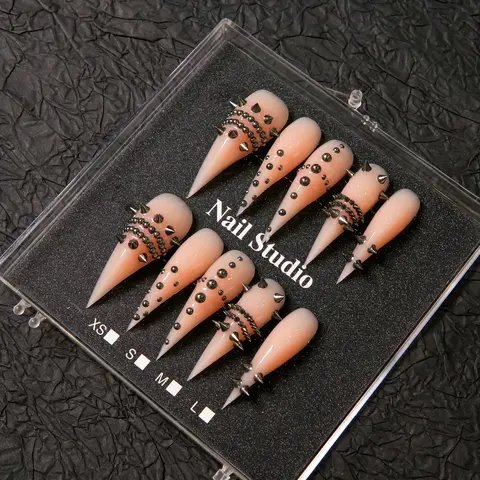 Handmade Luxury Nude Long Stiletto Press On Nails – Black Rhinestone & Metal Stud Embellished Fake Nails, Gothic Dark Y2K Nail Art Design, Reusable Gel Nail Tips, Trendy Statement Manicure Set for Women