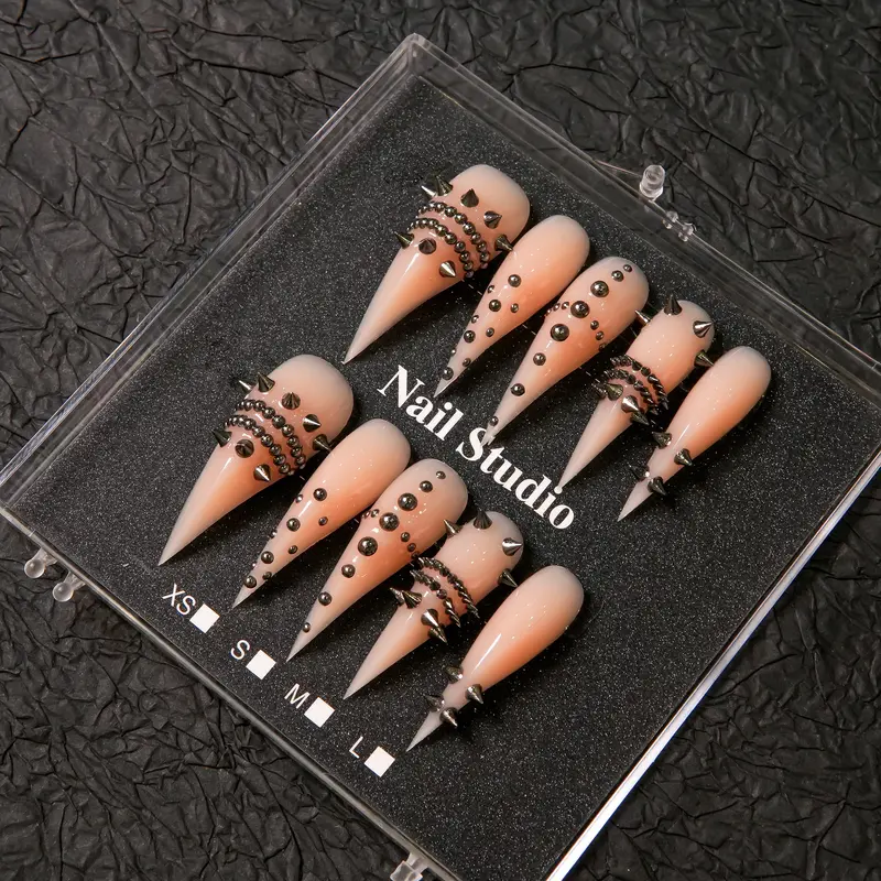 Handmade Luxury Nude Long Stiletto Press On Nails – Black Rhinestone & Metal Stud Embellished Fake Nails, Gothic Dark Y2K Nail Art Design, Reusable Gel Nail Tips, Trendy Statement Manicure Set for Women