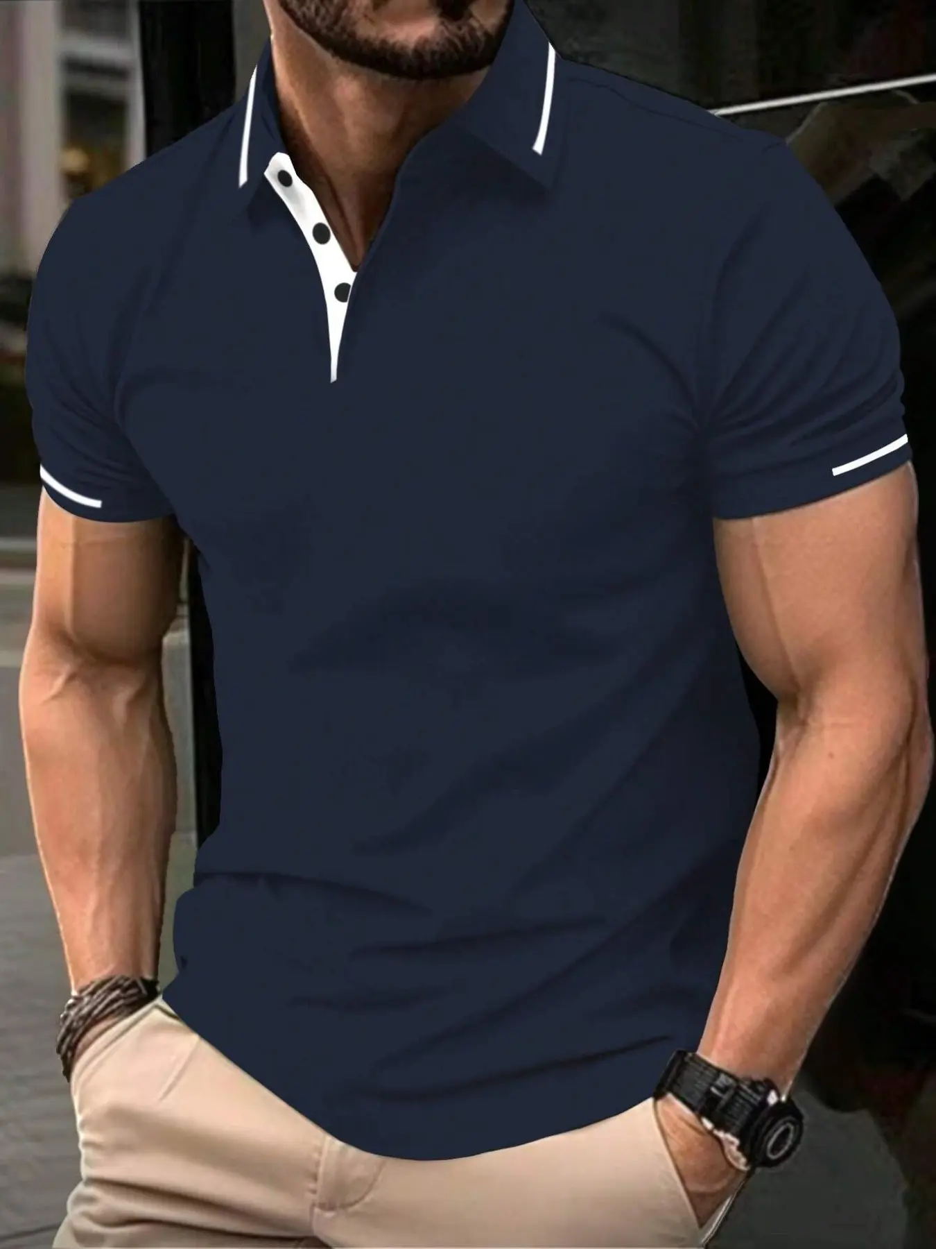 Men's Spring Summer Outfits Polo Neck Button Half Open Knit Short Sleeve T-Shirt for Daliy Wear, Gym Wear Classic Color Block Front Polo Style - Essential for Golf Sports Casual Collared Wear，Essential for Man's Wardrobe, Button Up Polo
