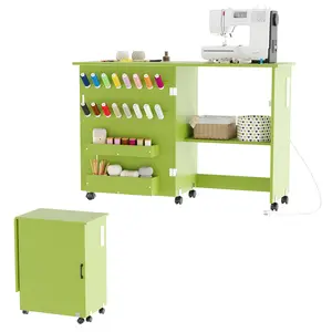 Foldable Sewing Machine Table with Charging Station, Lockable Wheels, Storage Trays, Shelf & Magnetic Locks – Rolling Craft Table & Space-Saving Cabinet Desk for Small Spaces