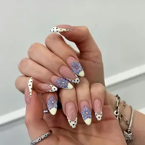 24 Pcs Medium Almond Shape Nail Tips, Milk French Tip, Blue Polka Dots & 3D Flowers, Glossy Removable False Nails, Reusable, Includes Jelly Glue & File