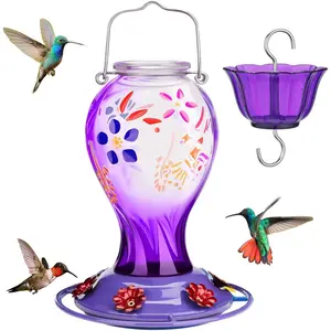 Glass Hummingbird Feeder for Outdoors Hanging - 26 oz Leak Proof Nectar Feeder with 6 Feeding Ports & Ant Moat for Garden Backyard Decor, Purple