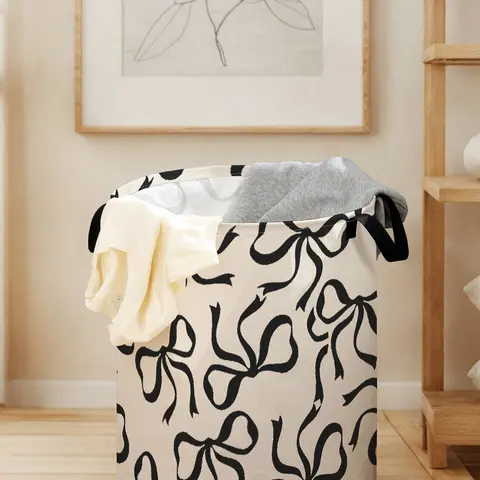 Durable Collapsible Laundry Hamper with Handle, Charming Bow Tie Print Design, Foldable Clothes Storage Bin, Large Capacity Toy Organizer for Home Use, Foldable Laundry Basket, Folding Laundry Basket