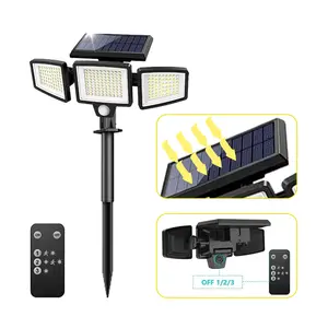 Bright solar-powered outdoor remote control light strip, waterproof three-head human body induction light, 210 LED safety lights, 270-degree wide-angle lighting, three-mode wall lamp, suitable for courtyards, gardens, sheds, garages and swimming pools