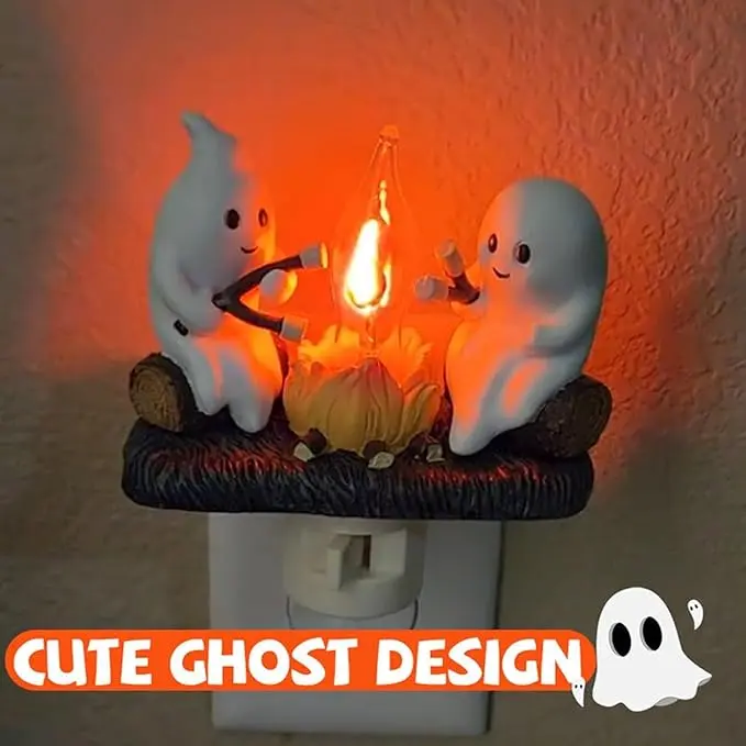 2025 Hand Made Ghost Campfire Flickering Nightlight-Indoor Decorations,3D LED Small Electric Faux Campfire Night Light，2025Ghost Roasting At Campfire Nightlight, Faux Campfire Night Light Plug into Wall,Spooky Fire Marshmallow Night Light Halloween Gifts