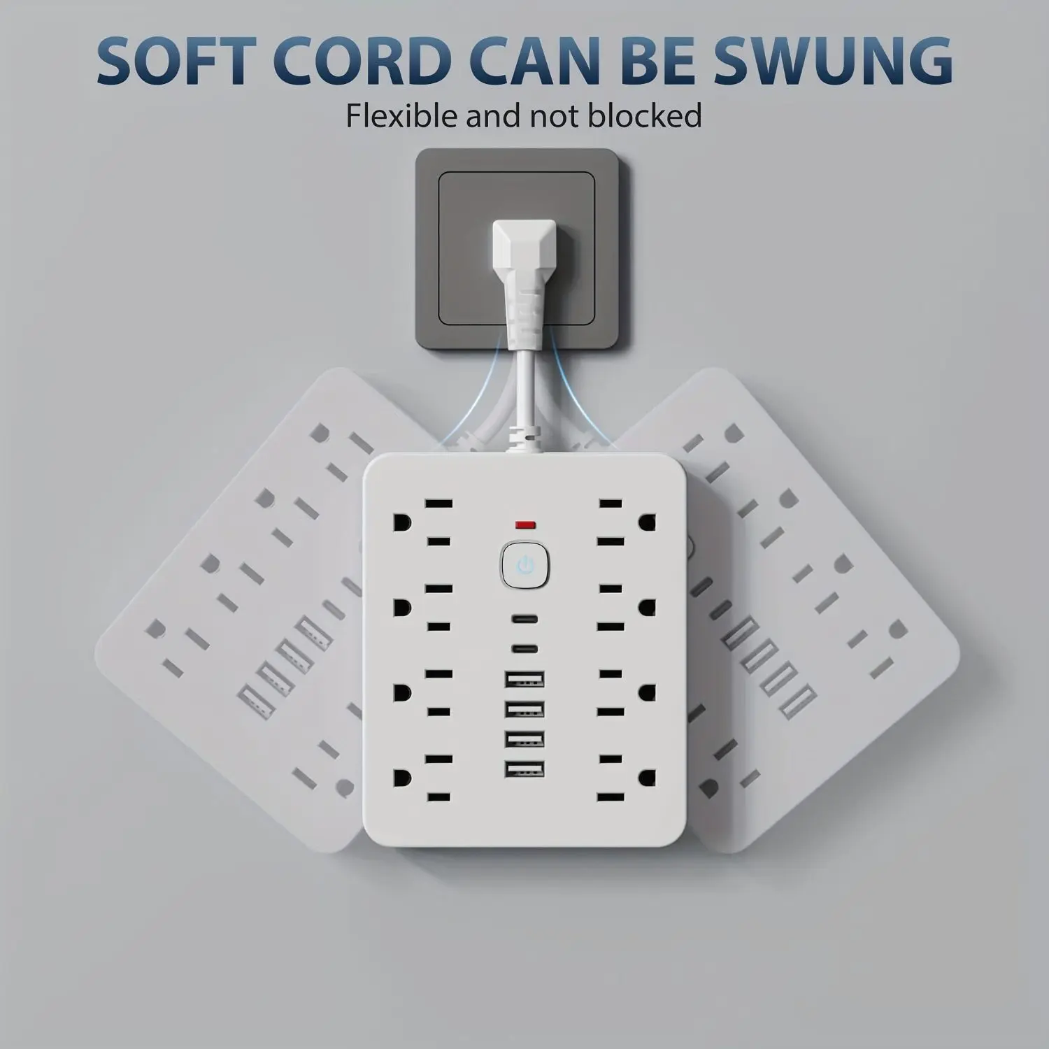 14-in-1 Power Strip with Overload Protection And One-touch Control Switch. Well-placed 8 Spacious AC Power Outlets And 6 USB Ports (including 2 TYPE-C Ports) In A Wall-mounted Extension Cord Design. Ideal for Office, Den, Home And School Environments