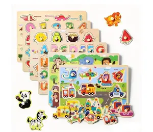 Wooden Peg Puzzle for Toddlers, 6 Pack Toddler Puzzles Set for 3 4 5 Years Old (Alphabet Number Shape Animal Dinosaur Vehicle), Preschool Education Learning Puzzle Toys for Girls and Boys